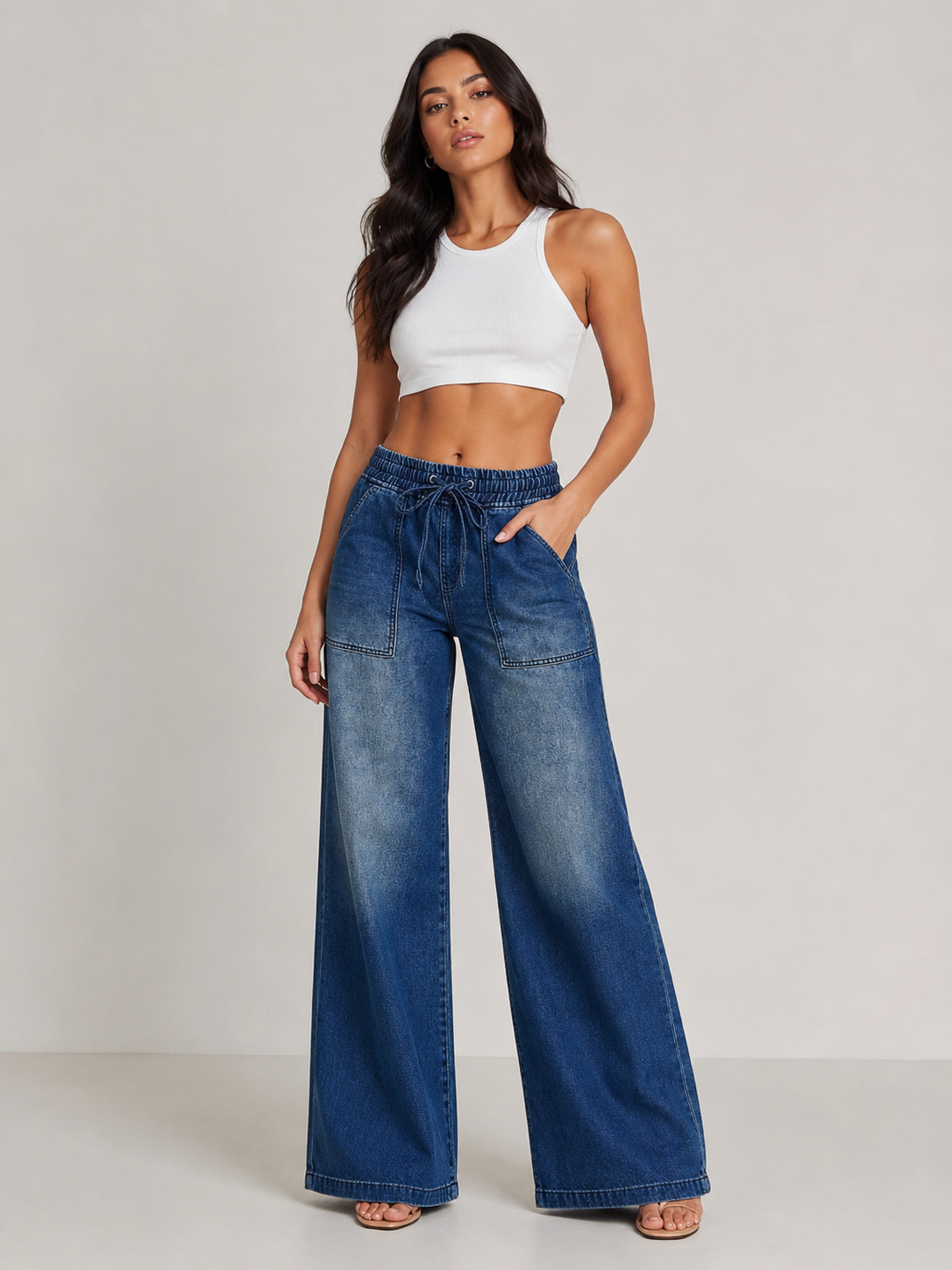 Drawstring Waist Wide Leg Jeans