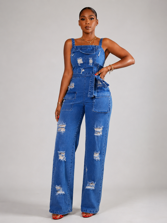 Distressed Wide Leg Denim Jumpsuit