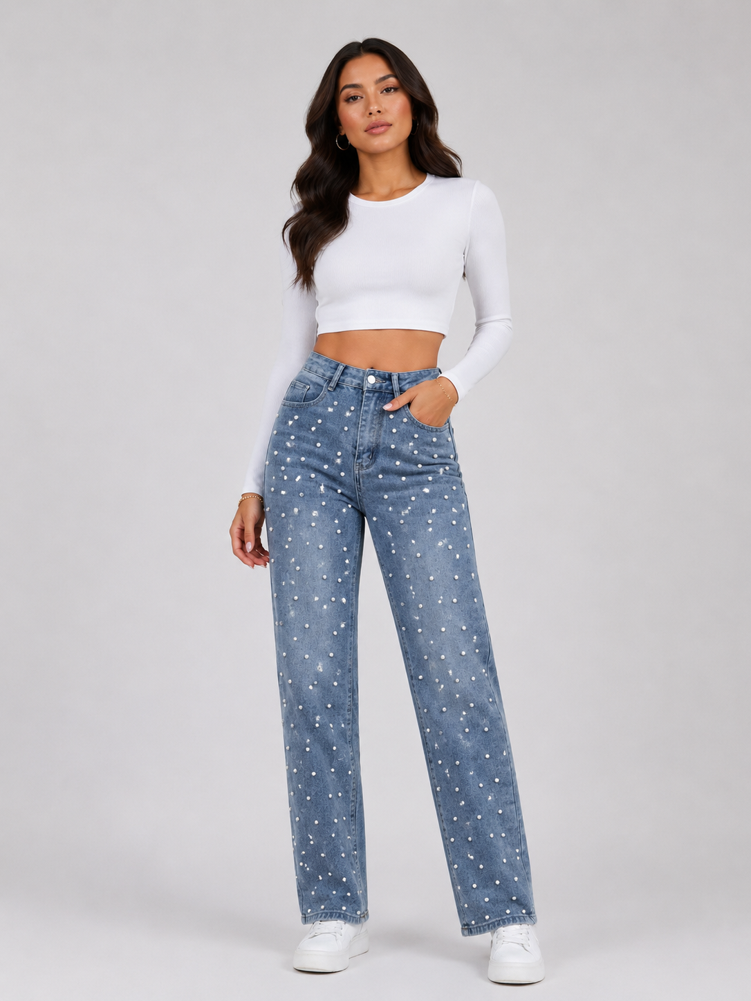 Pearl Embellished High Waist Straight Jeans