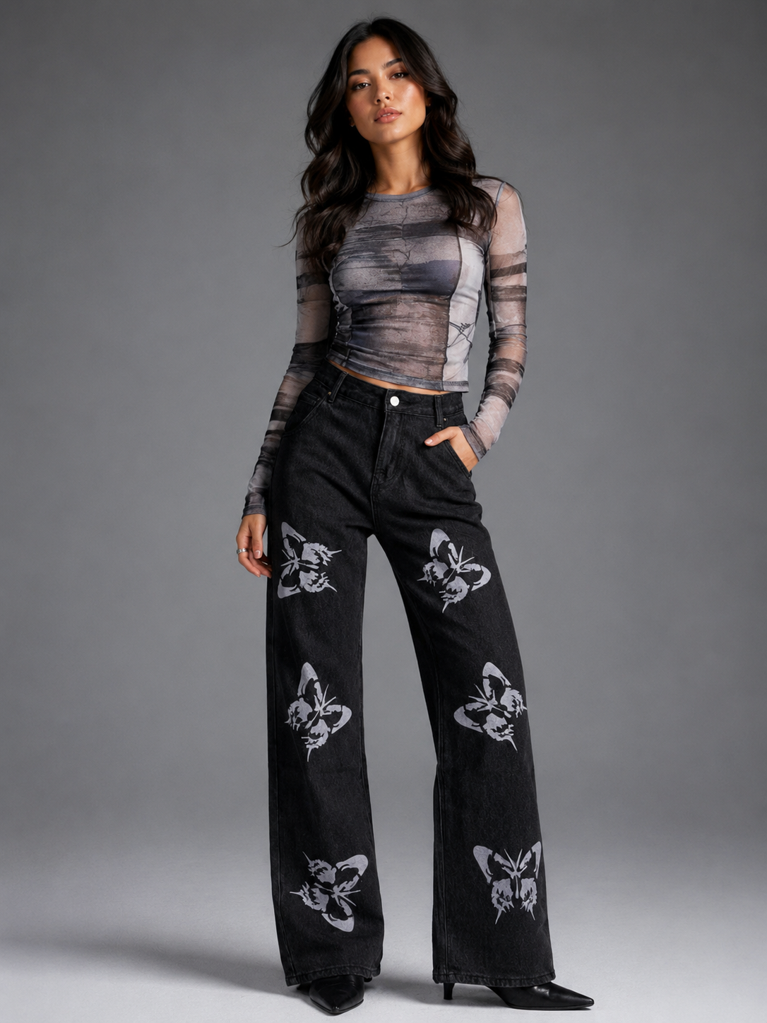 Butterfly Print High-Waisted Wide Leg Jeans