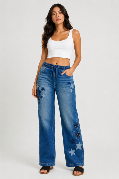 RISEN Elastic Band Slouchy Cropped Barrel with Star Patch