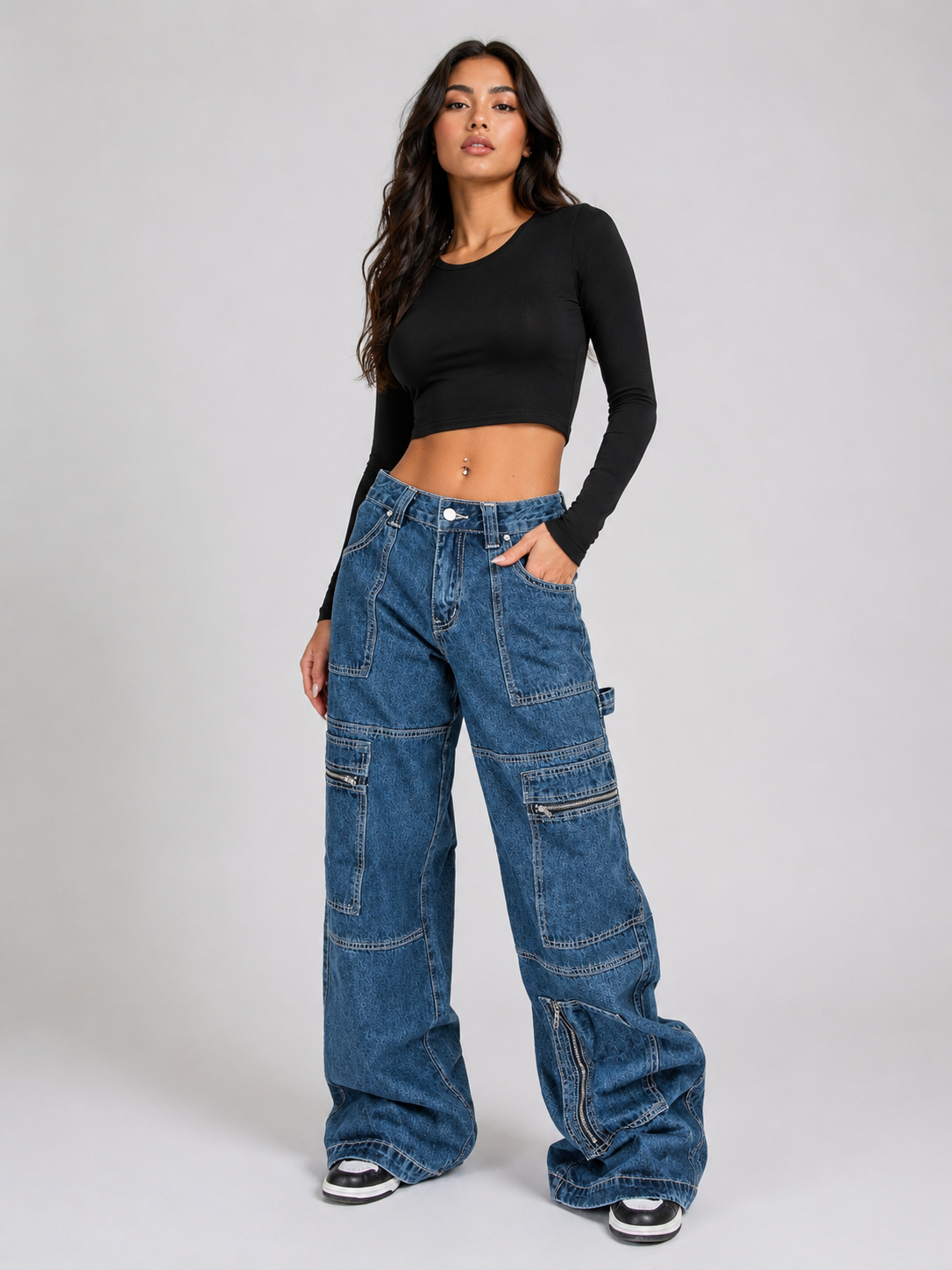 Zipper Pocket Wide Leg Cargo Jeans