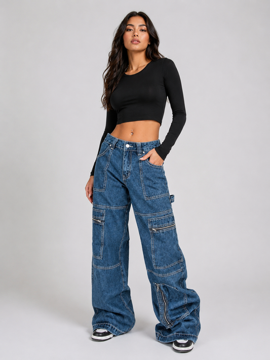 Zipper Pocket Wide Leg Cargo Jeans