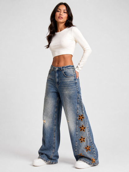Floral Embroidered Wide Leg Jeans
