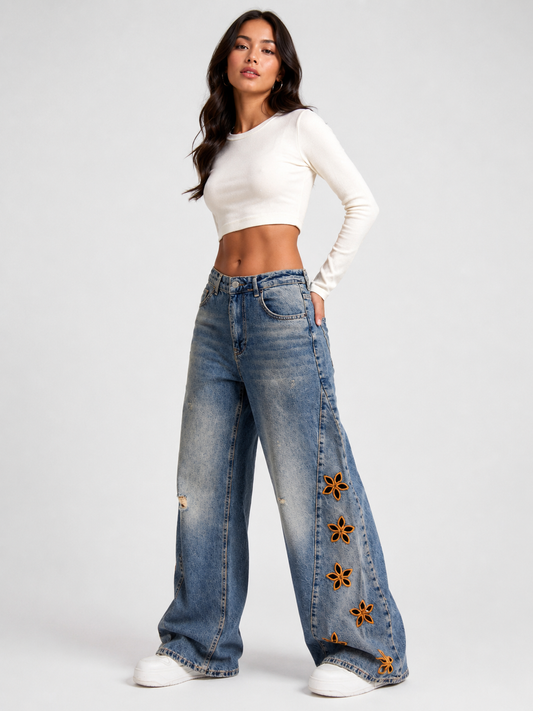 Floral Embroidered Wide Leg Jeans