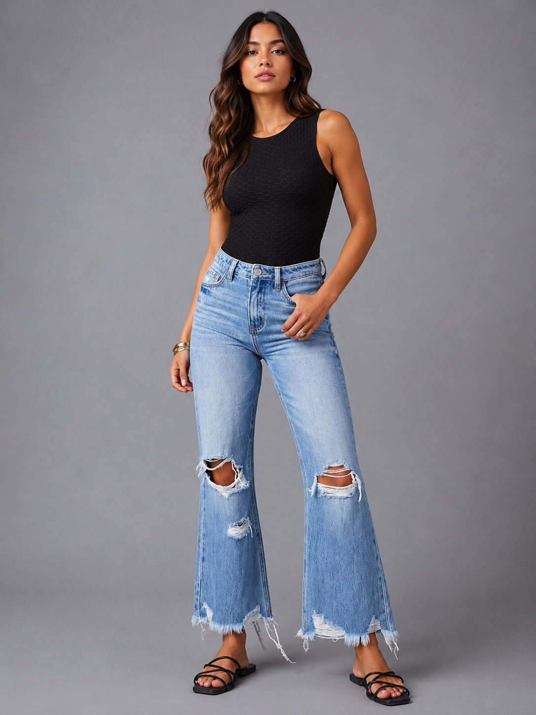 Distressed Raw Hem Flare Jeans