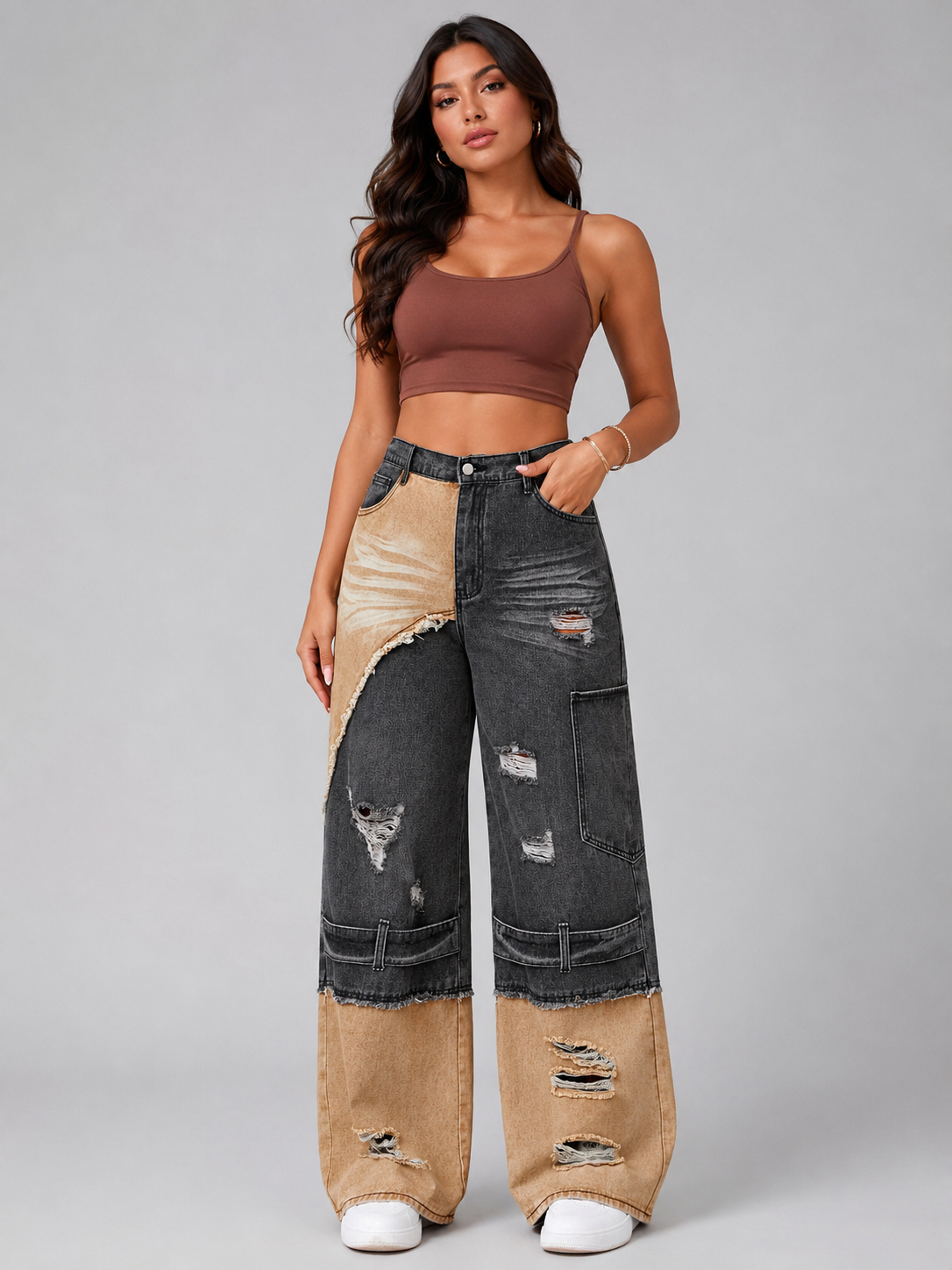 Two-Tone Ripped Wide Leg Jeans