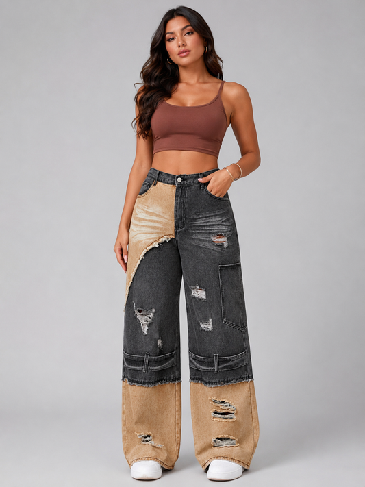 Two-Tone Ripped Wide Leg Jeans