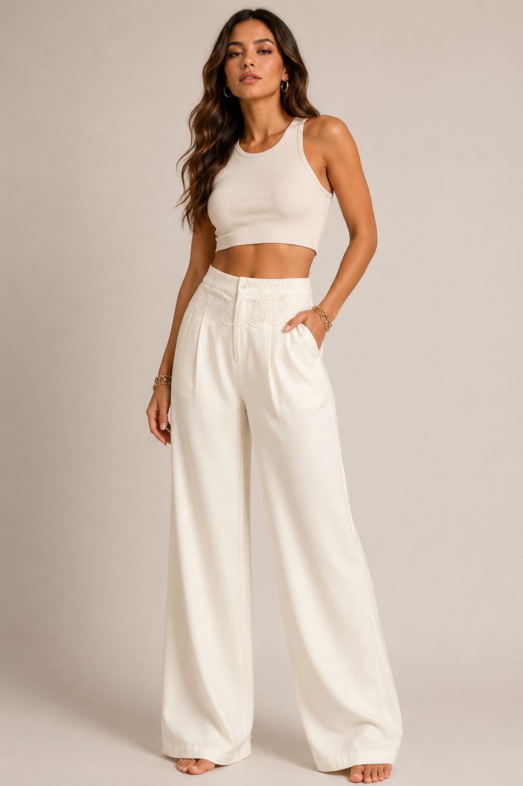 Lace Waist Wide Leg Pants