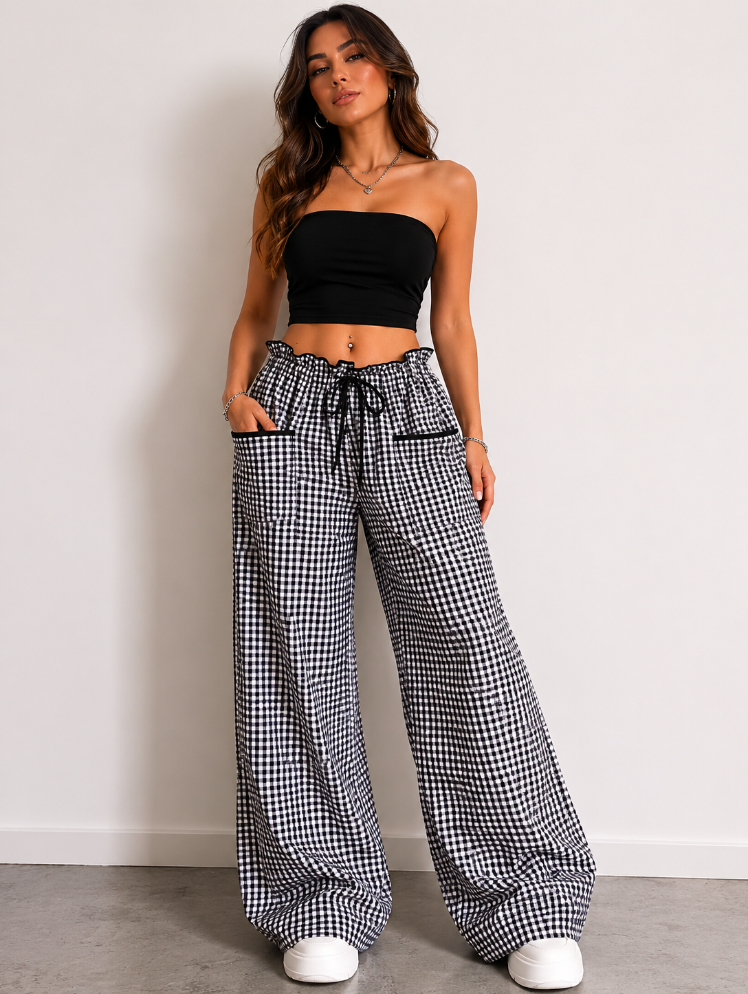 Gingham High-Waisted Wide-Leg Pants