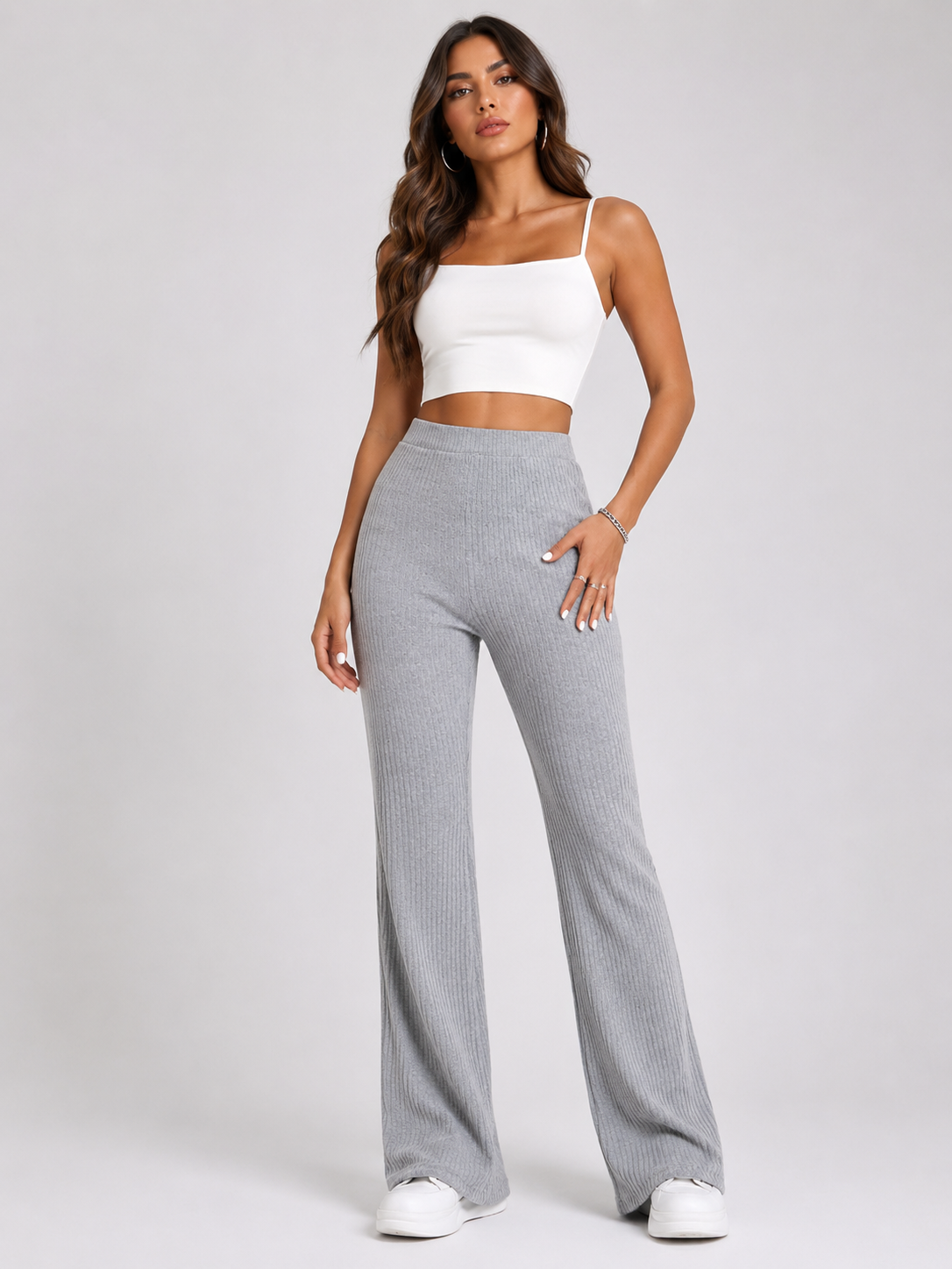 Ribbed Knit High Waist Flare Pants