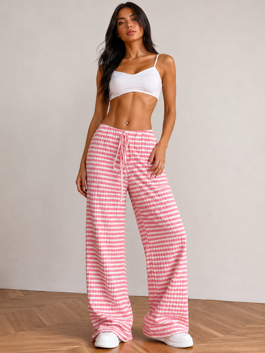 Ribbed Knit Drawstring Wide Leg Pants