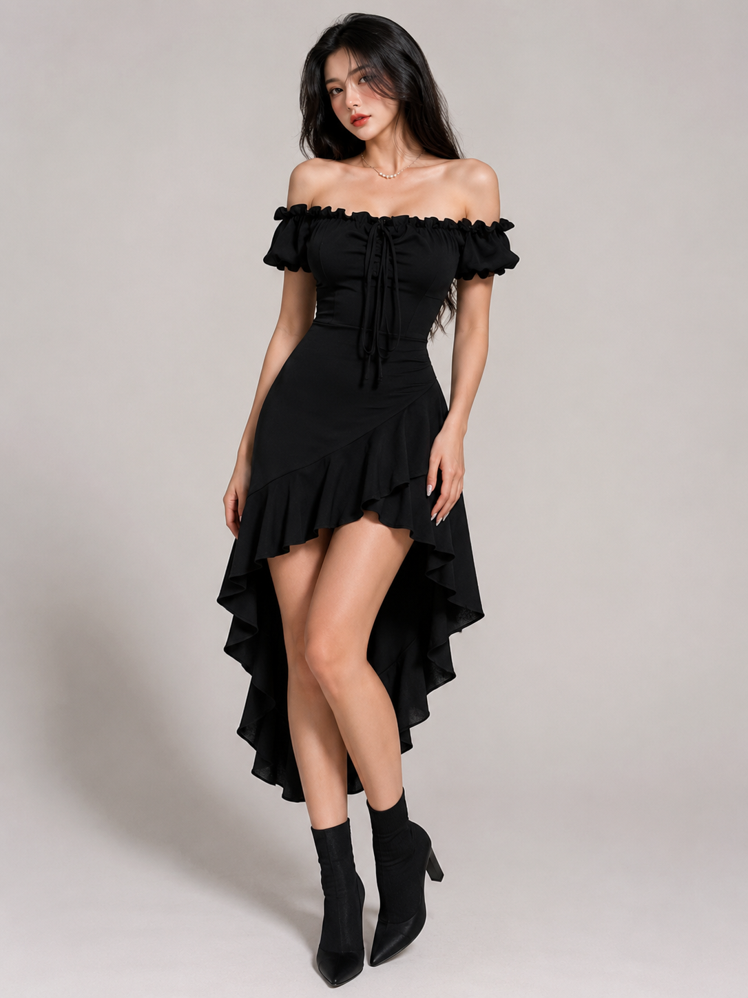 Off-Shoulder Ruffle Hem High-Low Dress