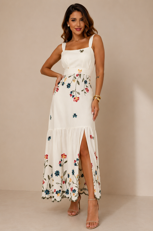 Floral Print Cutout Back Slit Hem Midi Dress