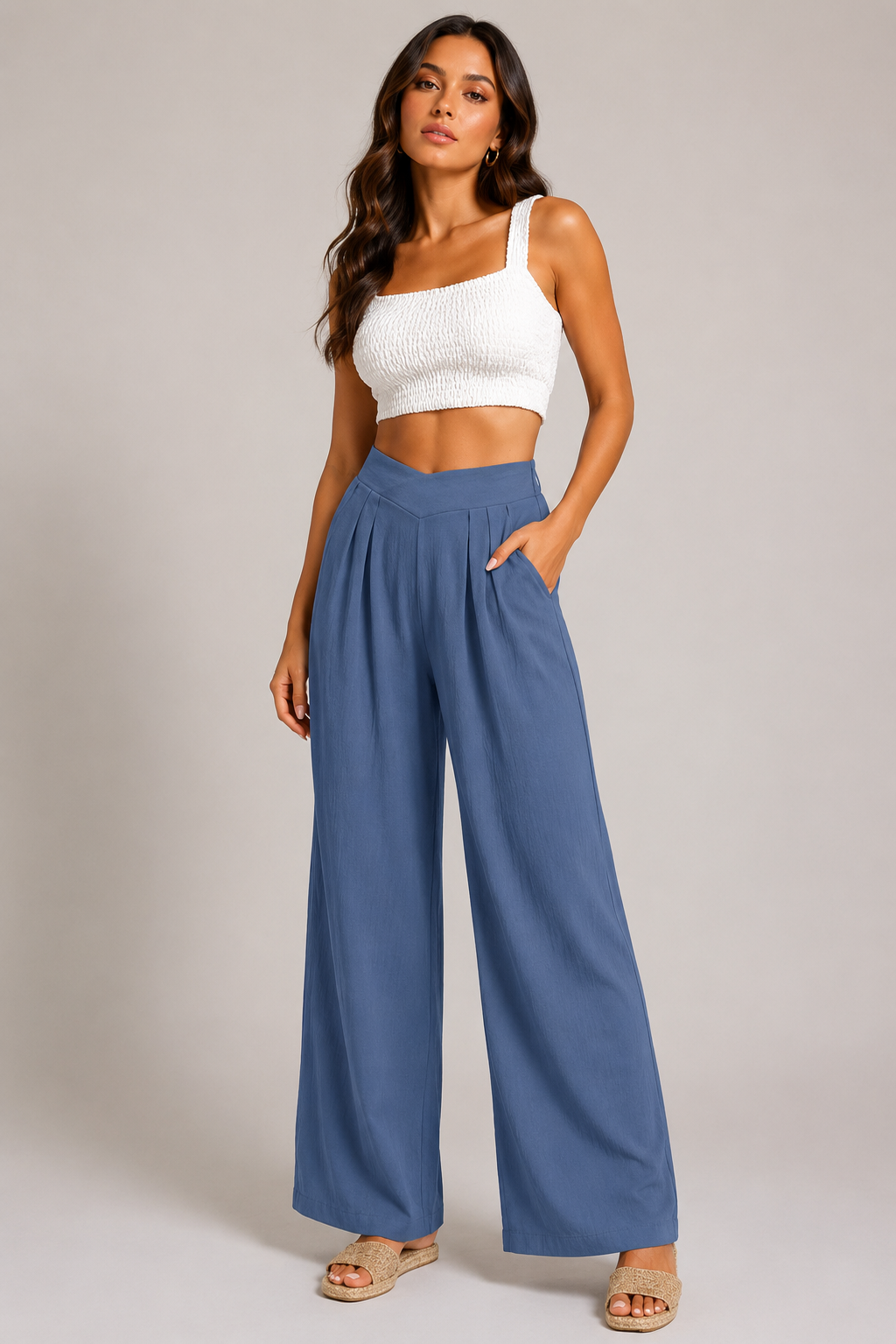 Solid Color Textured Crossed Waist Loose Pants