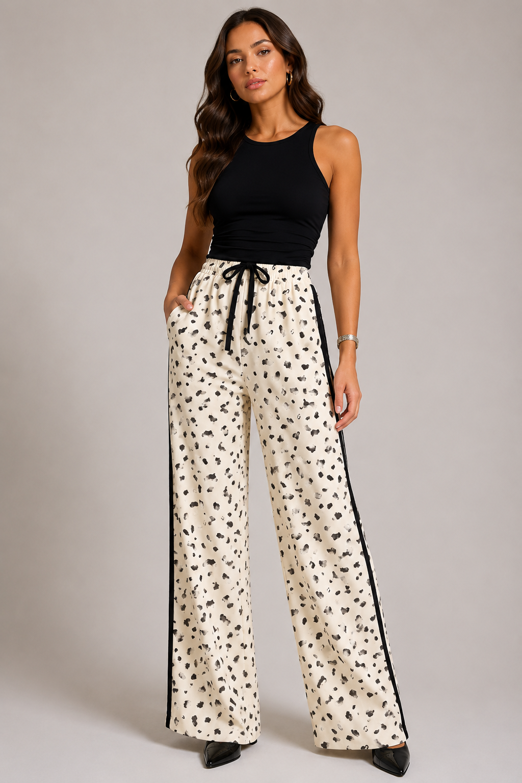 Leopard Print Side Stripe Detail Loose Drawstring Pants