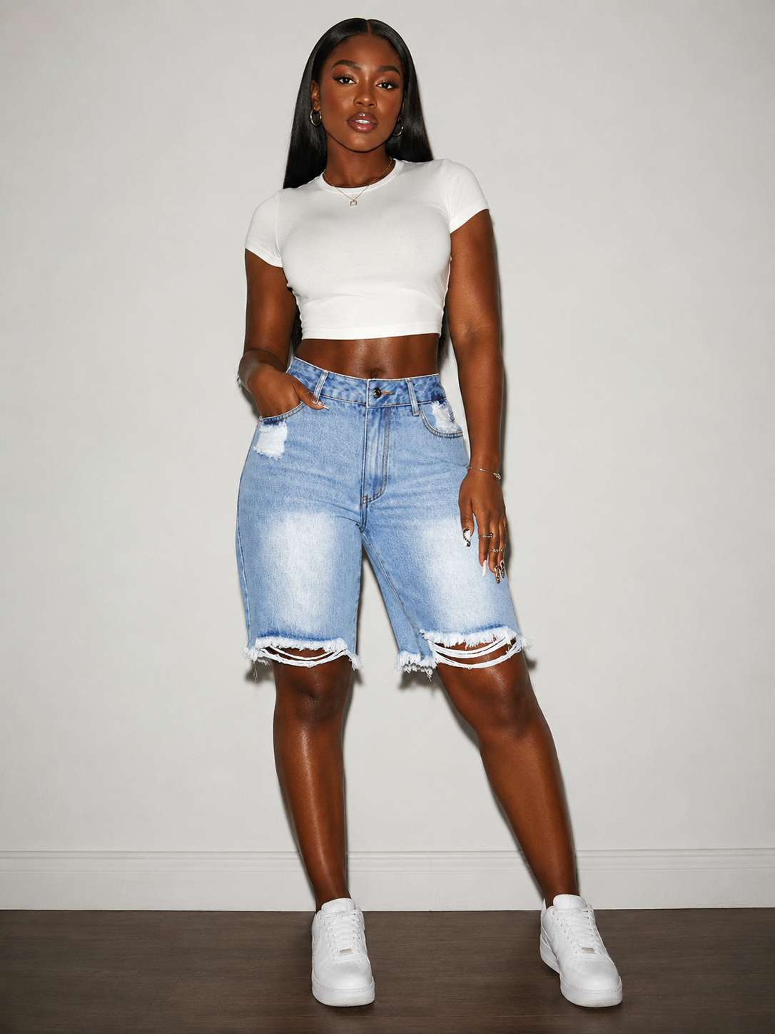 Distressed High Waist Frayed Hem Denim Shorts