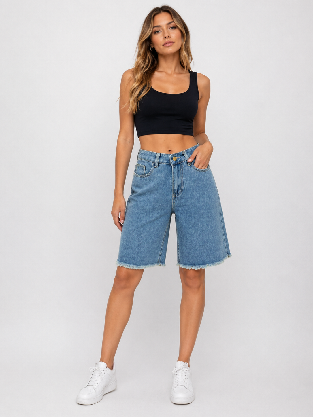 Frayed Hem Relaxed Fit Denim Shorts