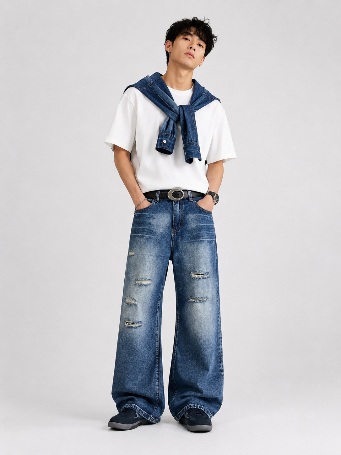 Men's Full Size Ripped Wide Leg Jeans Plus Size