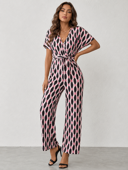 Printed Surplice Tie Waist Short Sleeve Jumpsuit