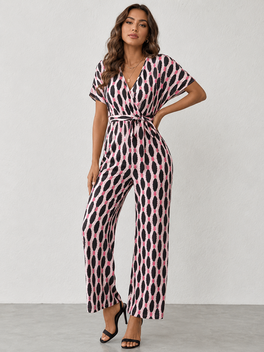 Printed Surplice Tie Waist Short Sleeve Jumpsuit