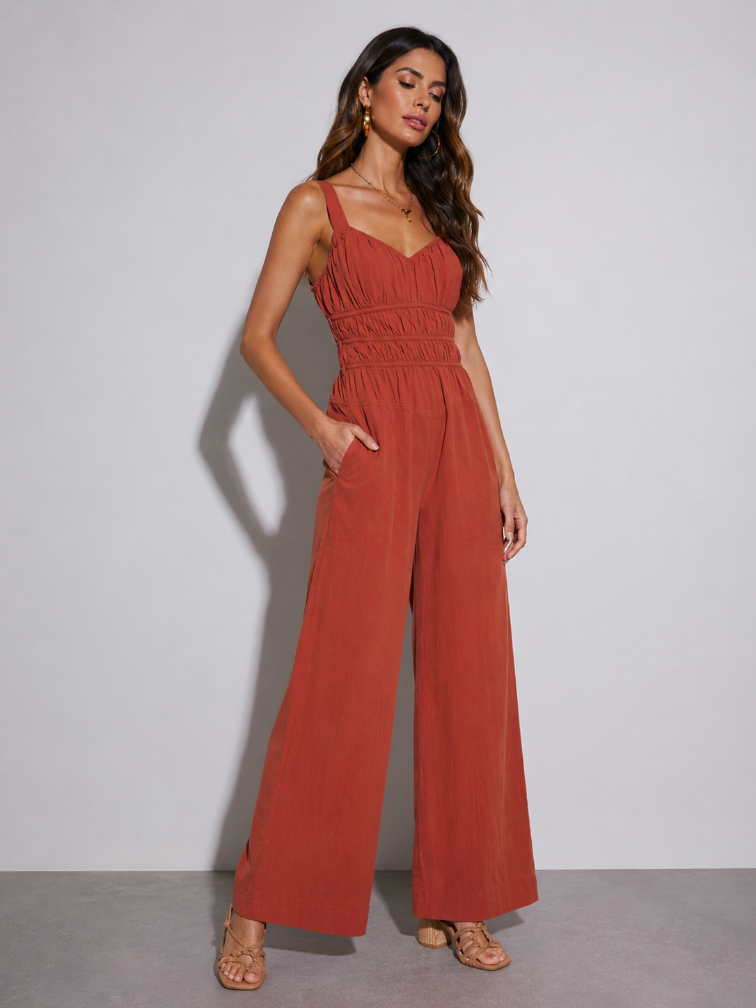Perfee Ruched Wide Strap Jumpsuit with Pockets