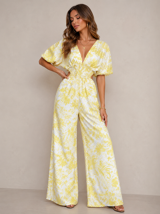 Smocked V-Neck Wide Leg Jumpsuit