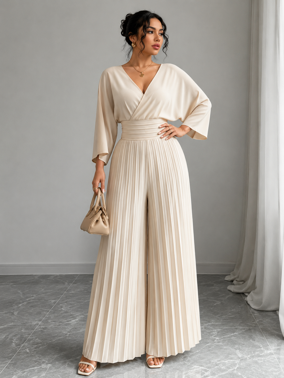 Surplice Pleated Wide Leg Jumpsuit