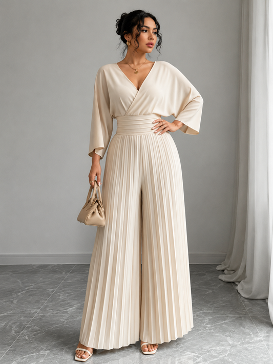 Surplice Pleated Wide Leg Jumpsuit