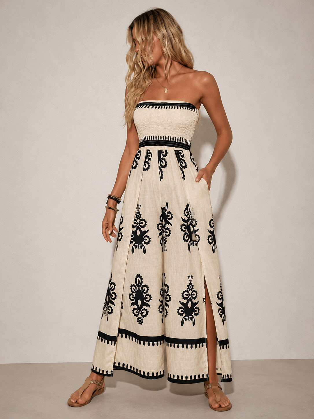 Smocked Printed Wide Leg Jumpsuit