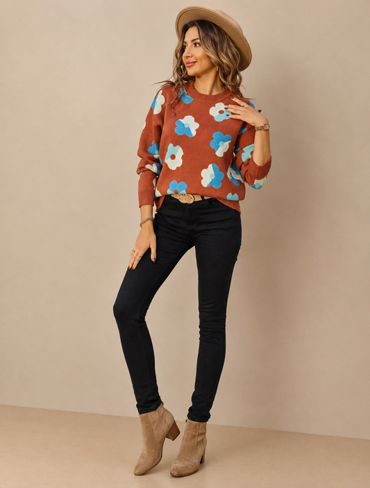 Floral Crew Neck Long Sleeve Sweater
