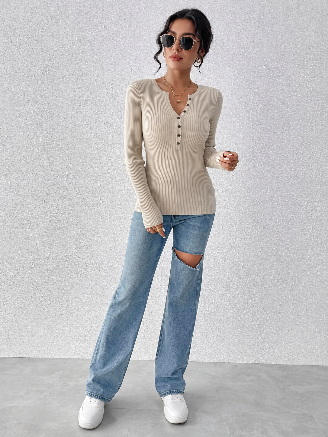 Ribbed Knit Button Front Knit Top