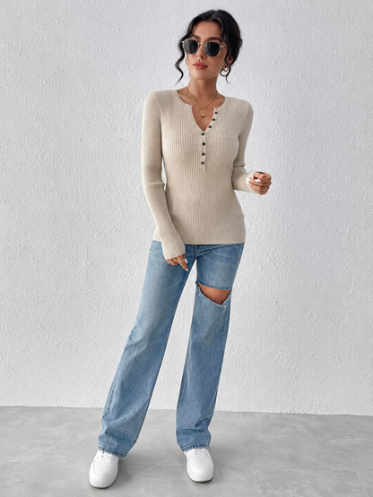 Ribbed Knit Button Front Knit Top