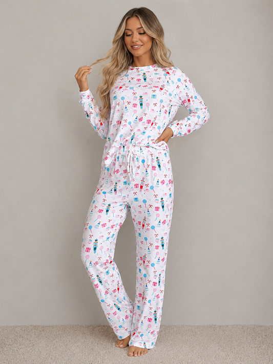 Christmas Pattern Long Sleeve Top and Wide Leg Pants Set