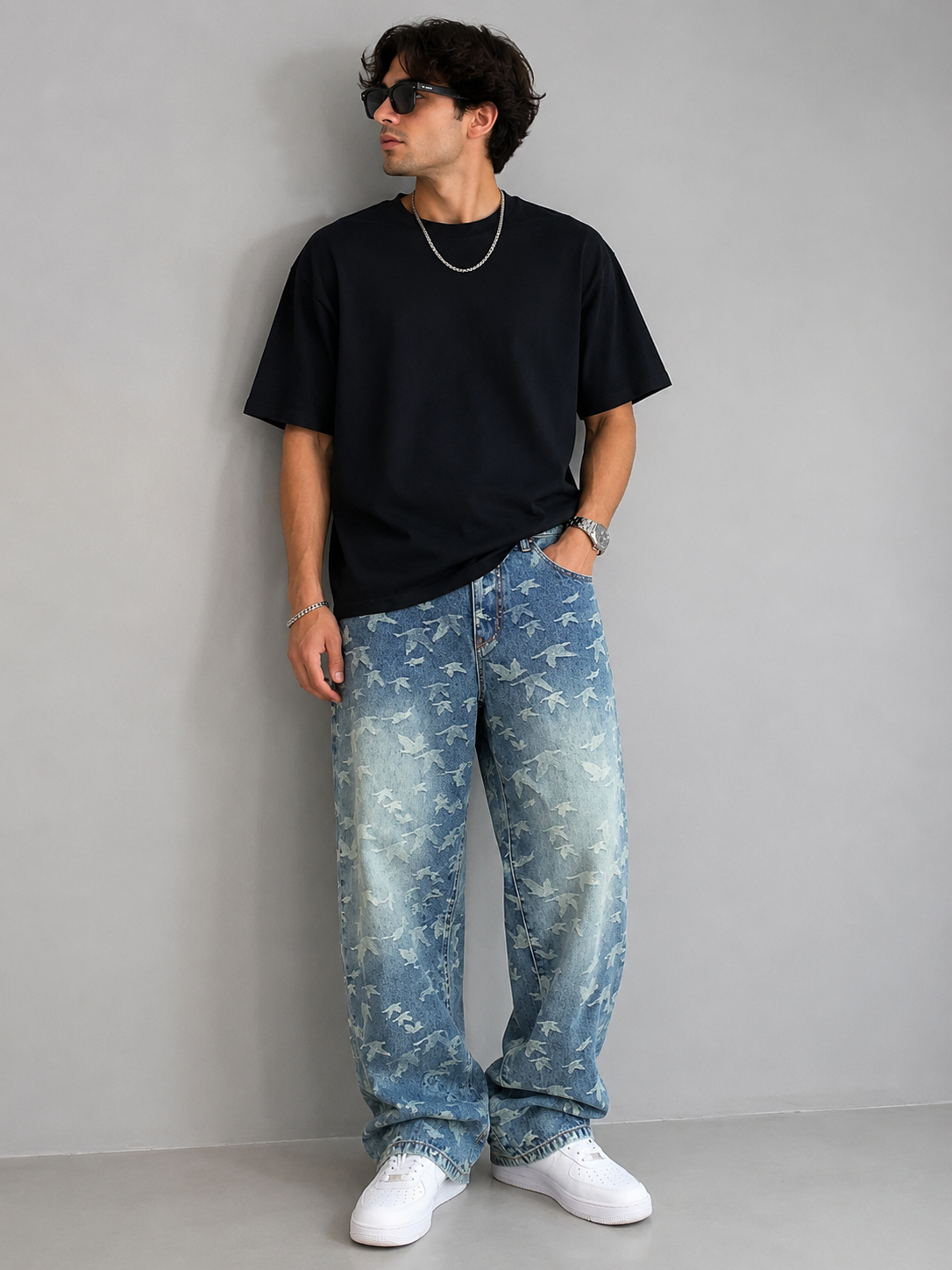 Men's Vintage Bird Print Loose Fit Jeans