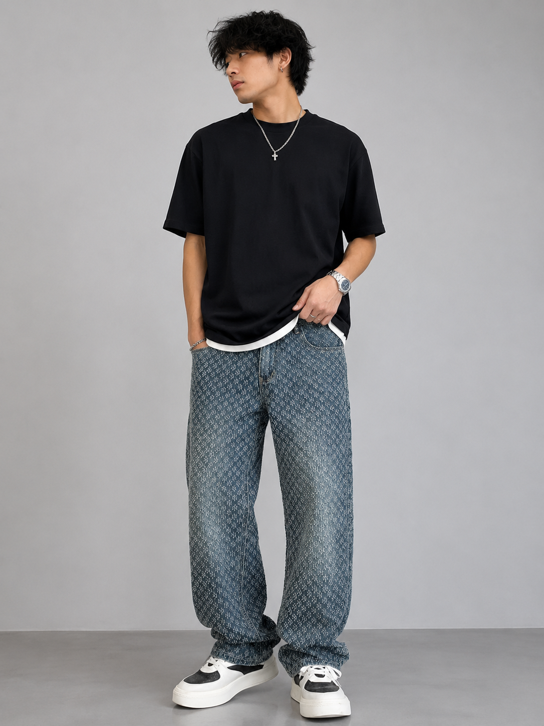 Men's Textured Pattern Relaxed Fit Jeans