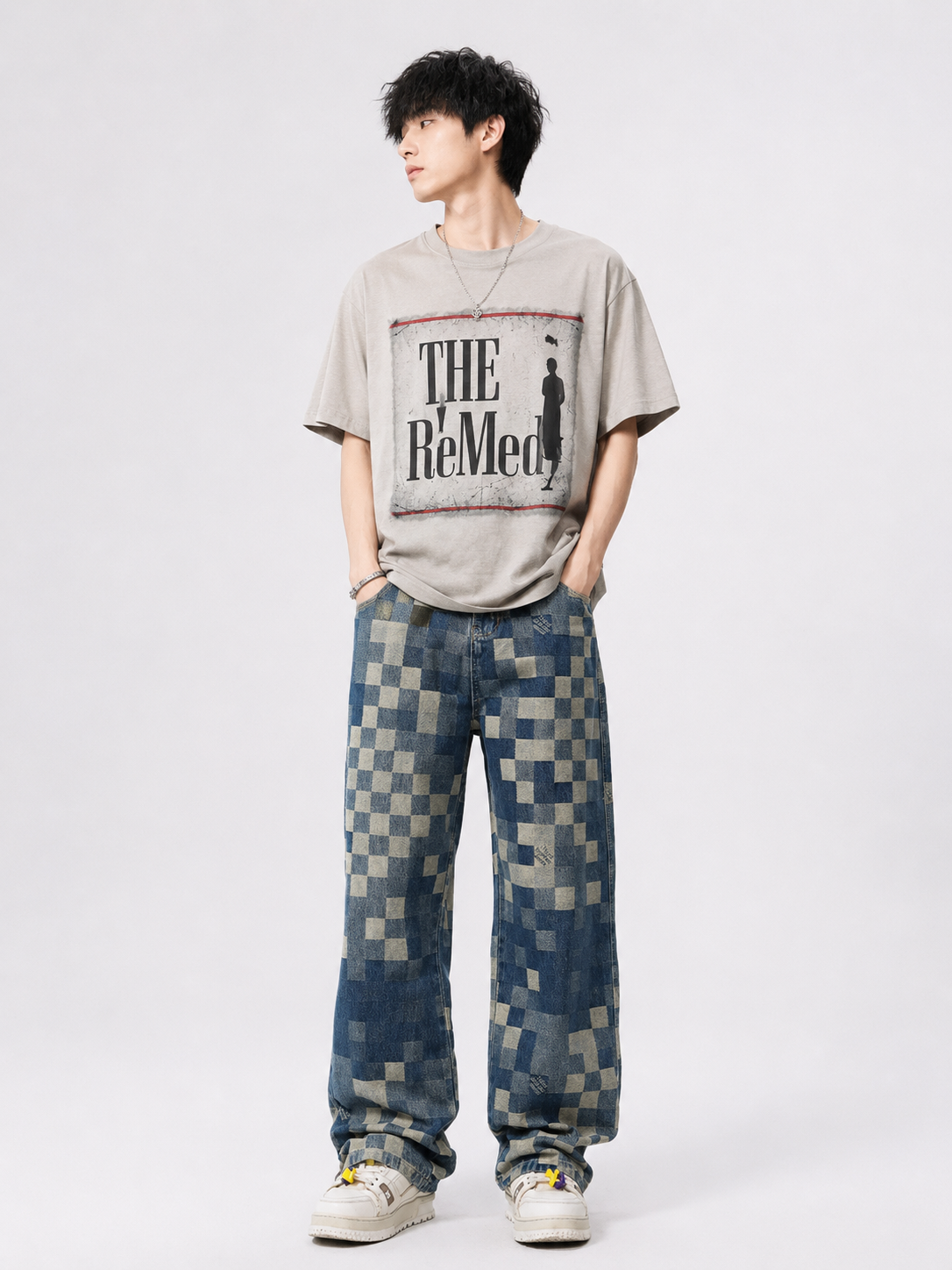 Men's Checkered Wide Leg Jeans