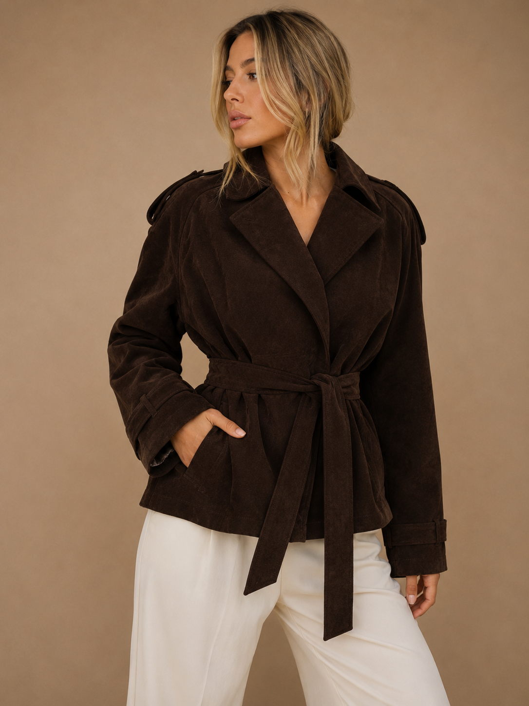 Lapel Collar Tie Waist Outerwear