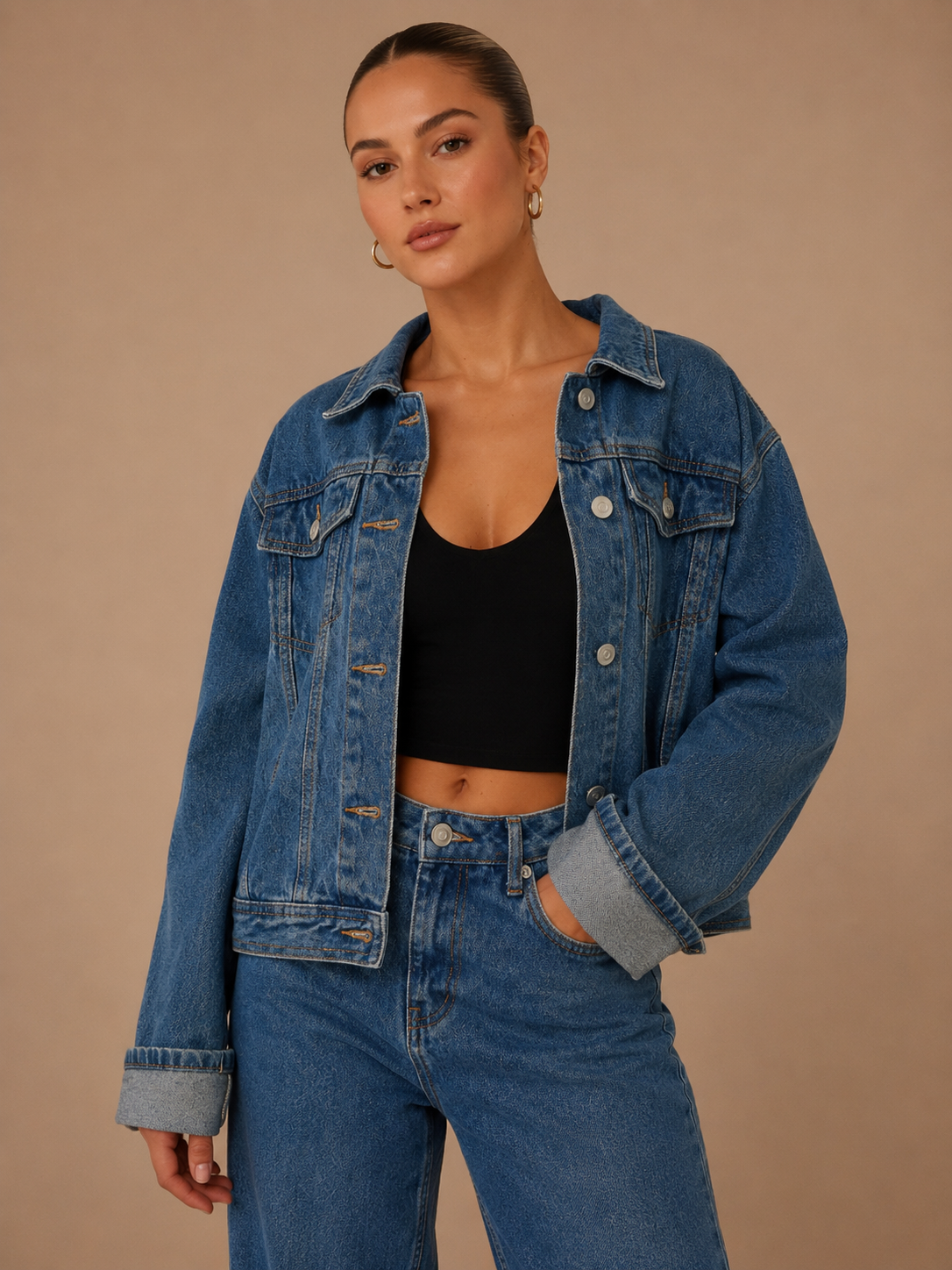 Button Down Cropped Oversized Denim Jacket