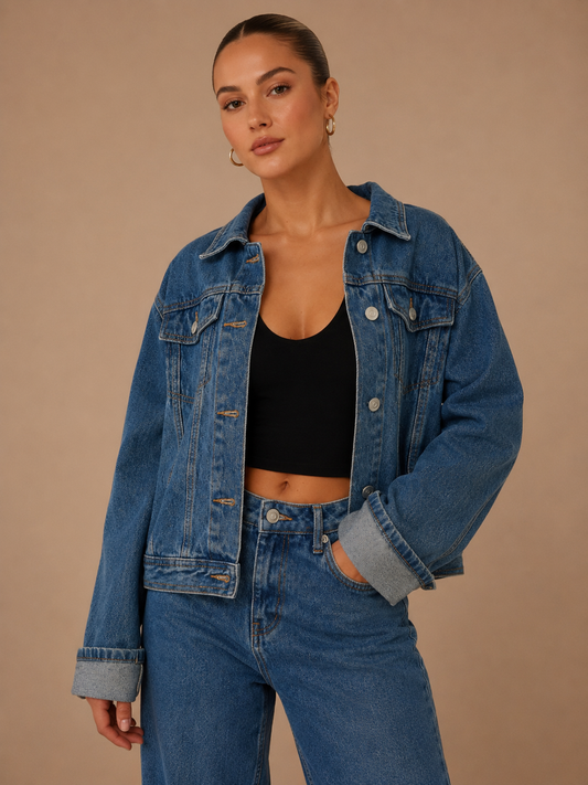 Button Down Cropped Oversized Denim Jacket