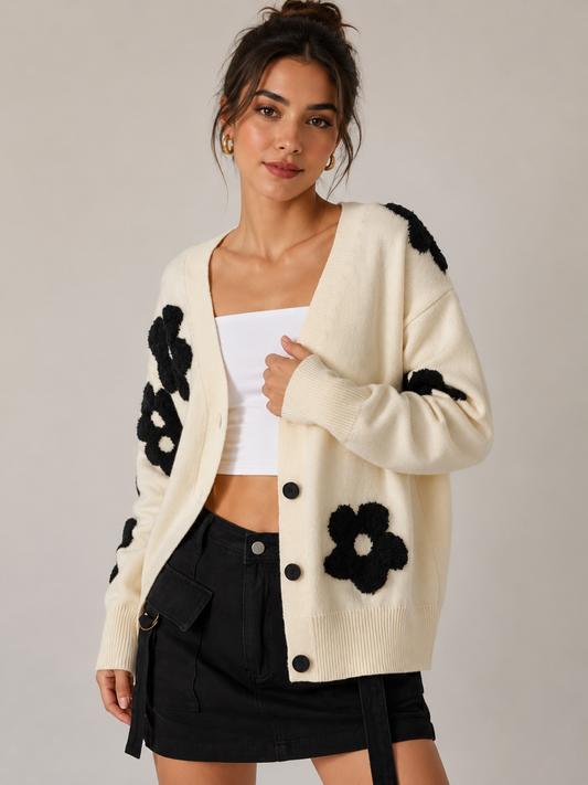 Button Down Floral Applique Knit Cardigan