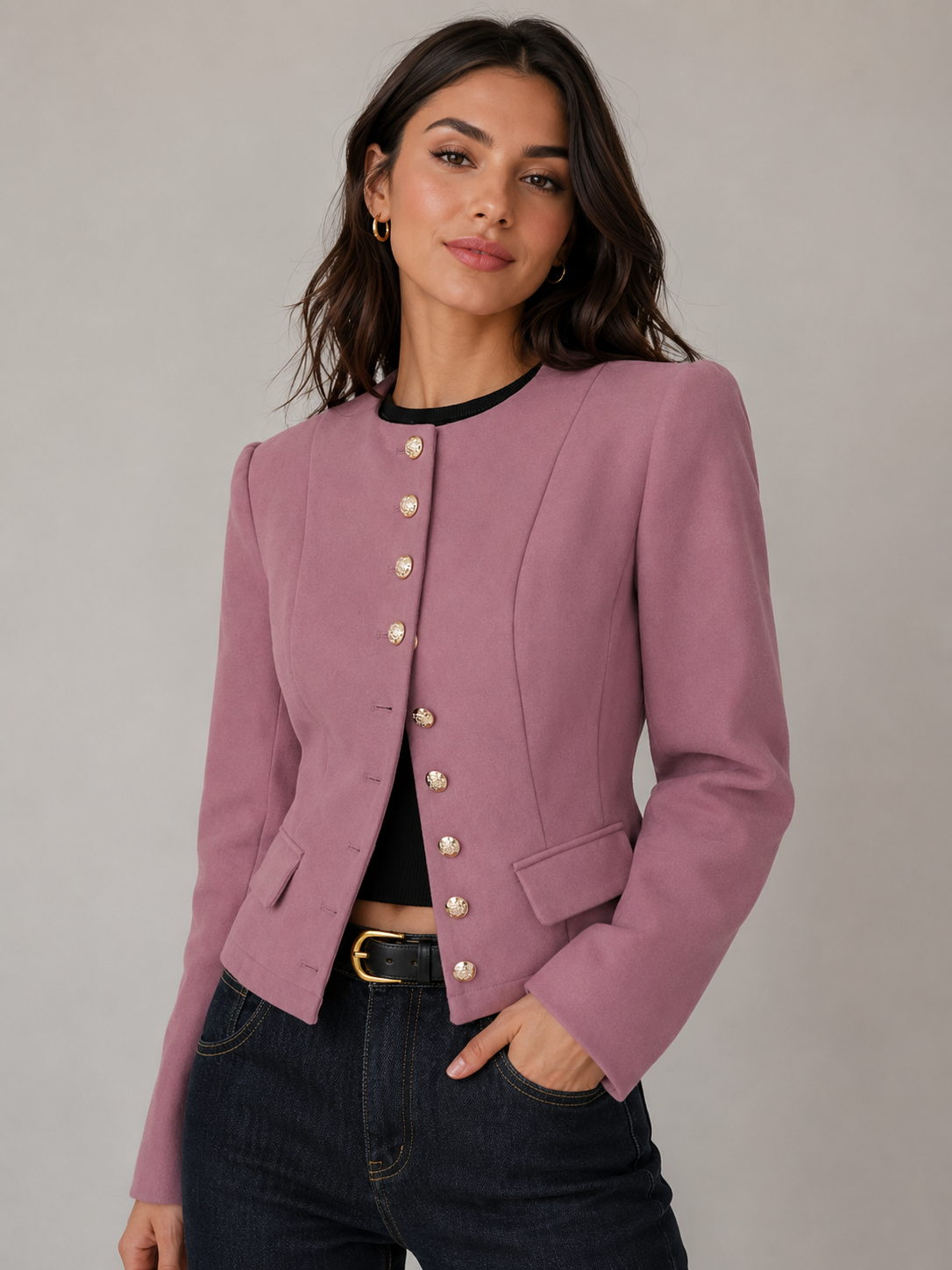 Round Neck Button Up Blazer