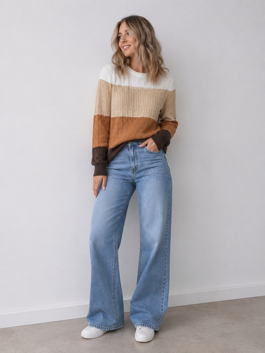 Colorblock Cable Knit Round Neck Sweater
