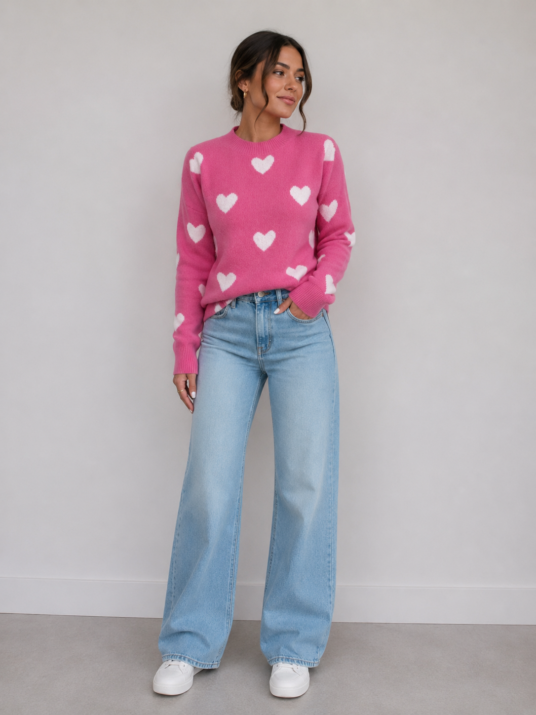 Heart Pattern Round Neck Sweater