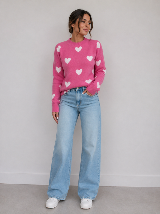Heart Pattern Round Neck Sweater