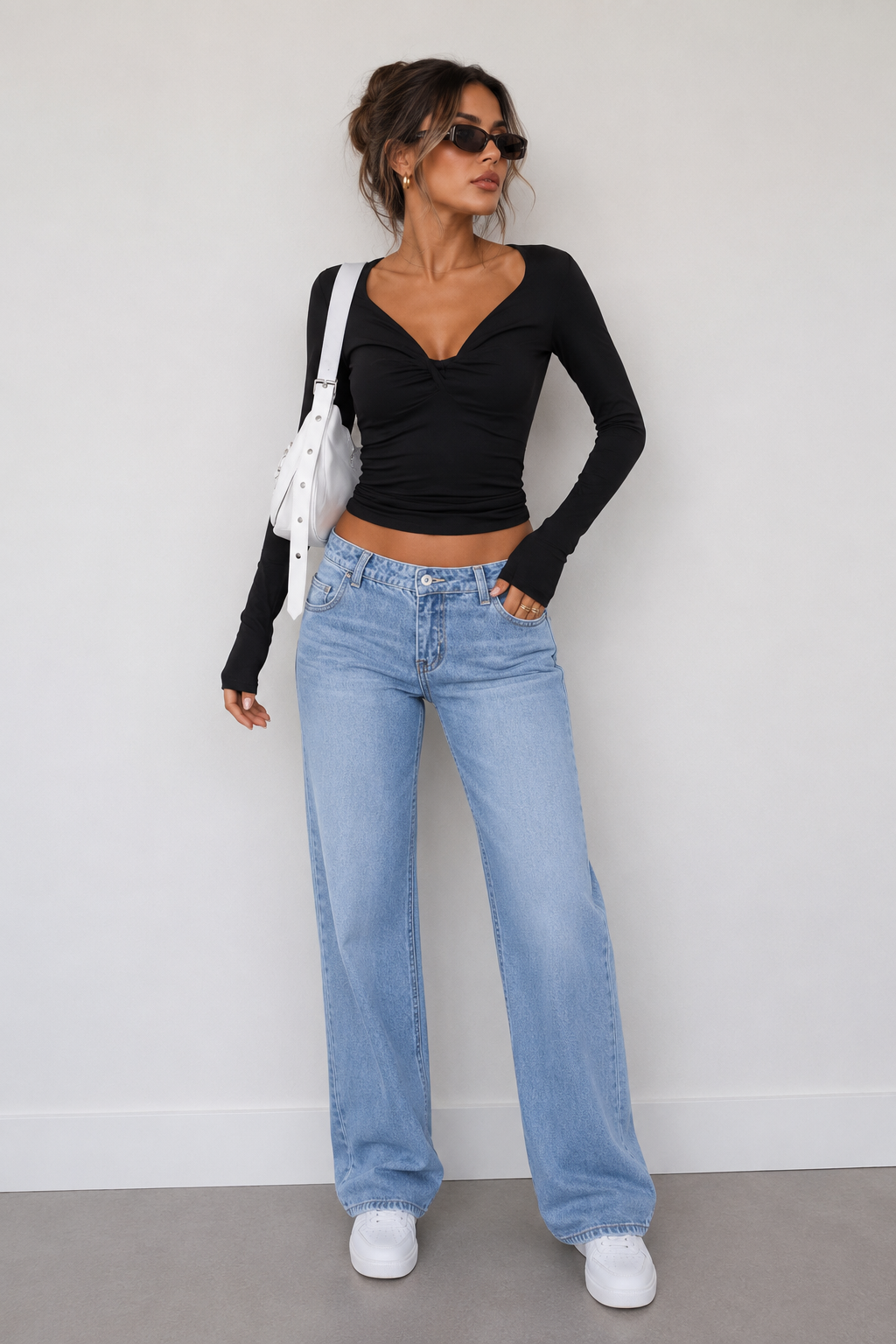 Twist Front Long Sleeve Fitted T-Shirt