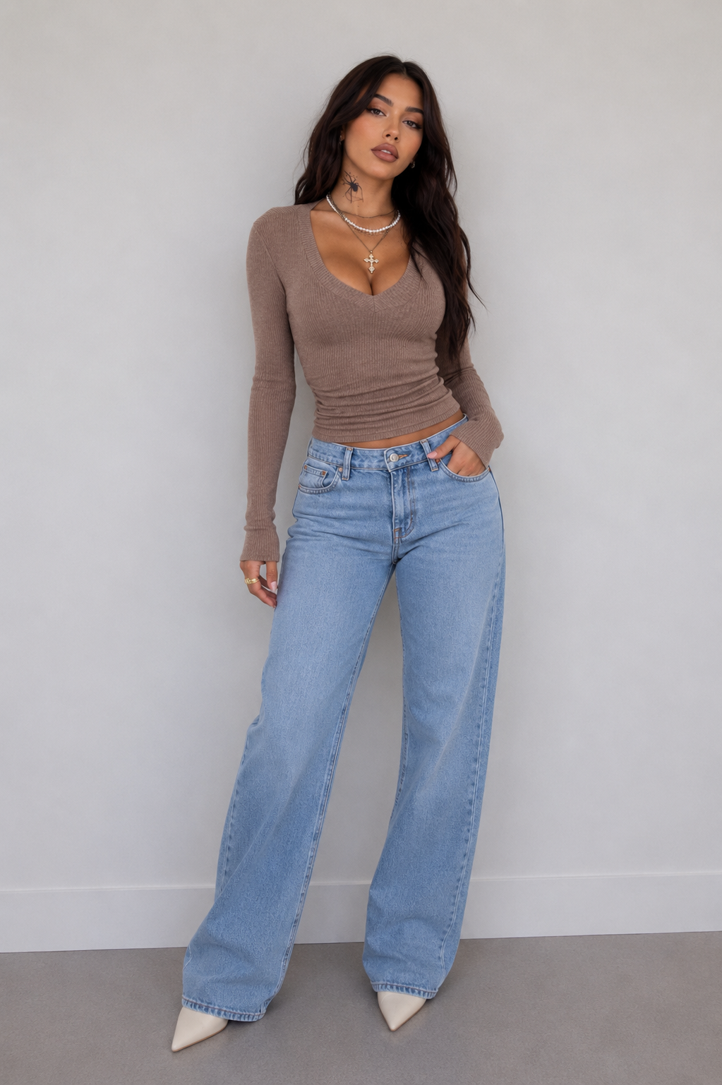 Ribbed Knit Long Sleeve V-Neck Top