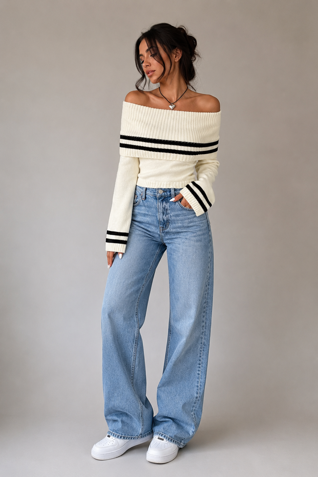 Off-Shoulder Striped Flare Sleeve Sweater