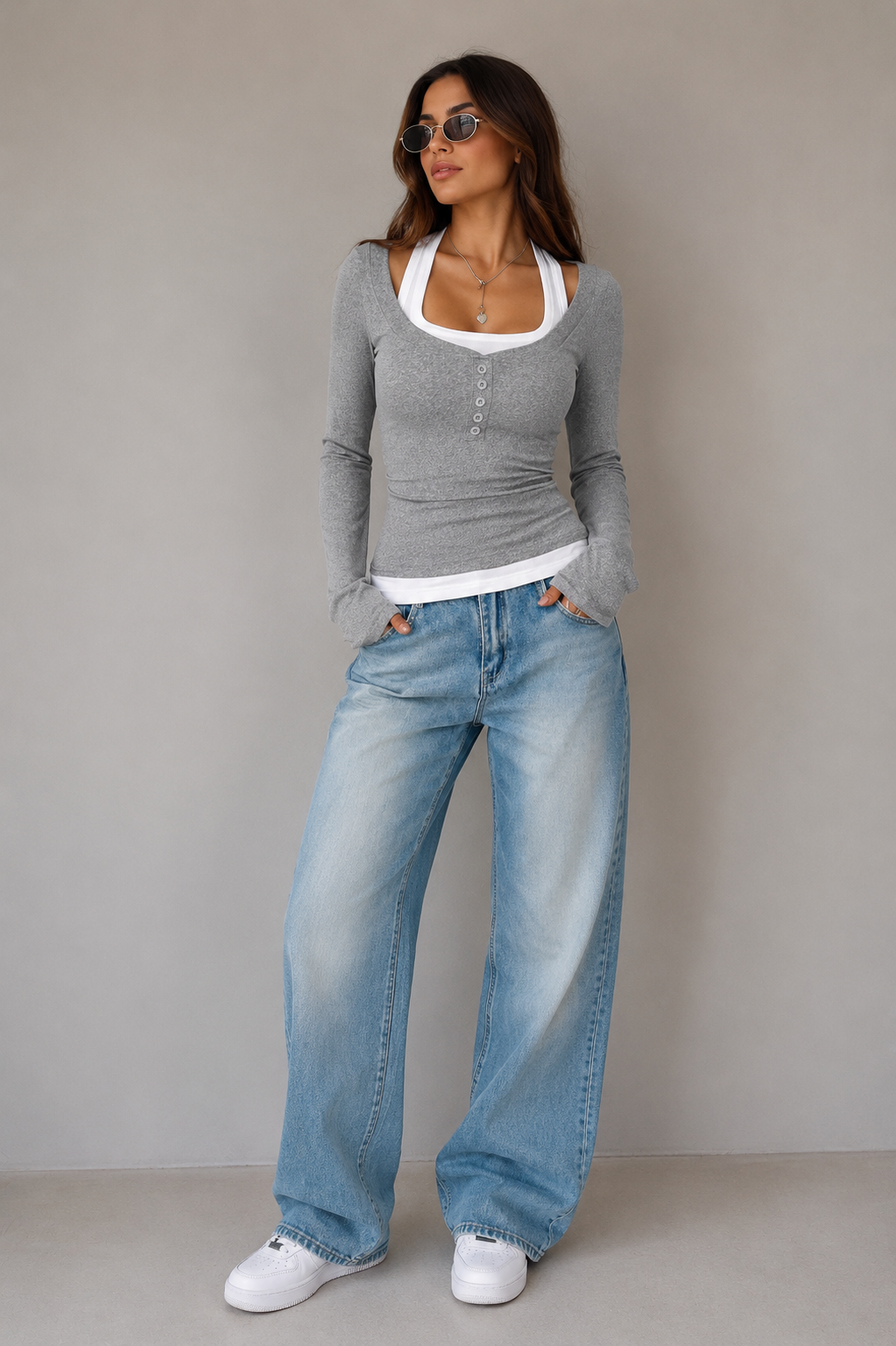 Scoop Neck Long Sleeve Fake Two-Piece T-Shirt