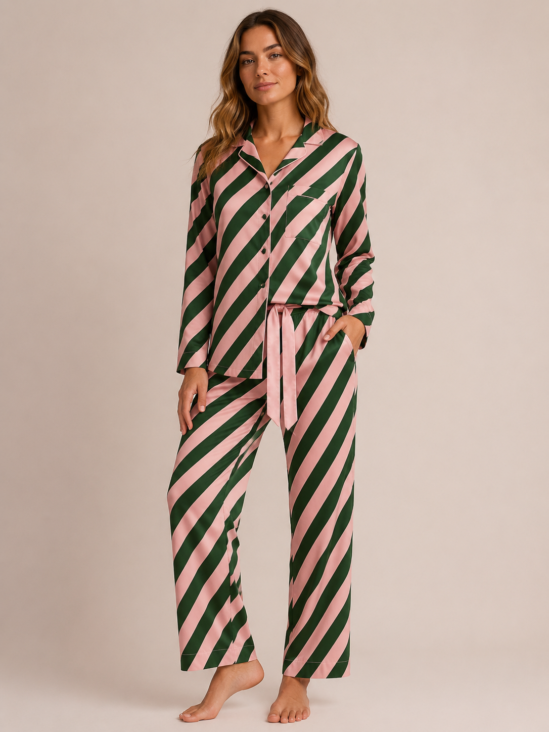 Striped Long Sleeve Shirt and Pants Lounge Set